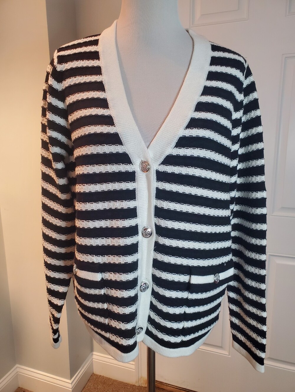 Isaac Mizrahi Black & White Striped V-Neck Button Cardigan